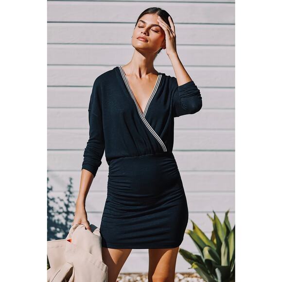 NEW Anthro Daily Practice Long Sleeve Ruched Hooded Mini Knit Navy Blue Dress - Picture 1 of 12